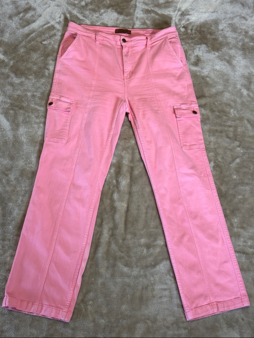 -Judy Blue Pink Cargo Jeans High Rise Straight Leg Stretch Utility Pants 15-L/32